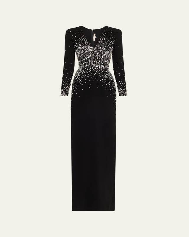 V-Neck Crystal Long Sleeve Column Gown